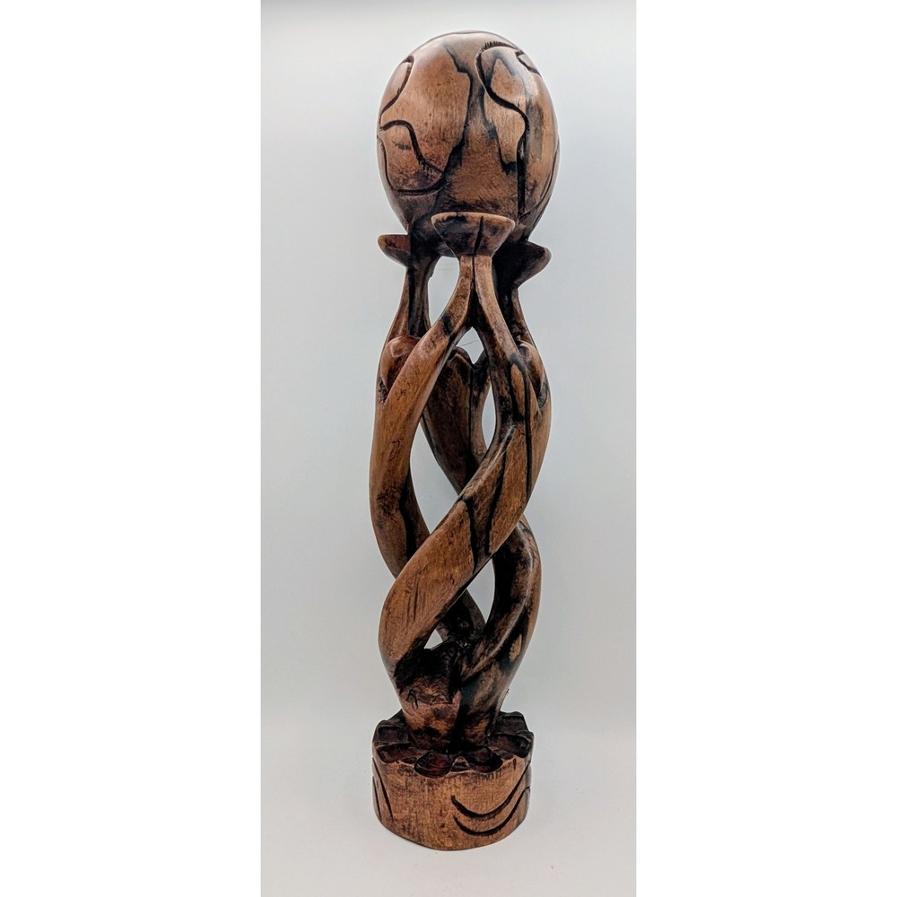 Hand Carved Wood Unity Sculpture Three Figures Holding Globe Statue Folk Art